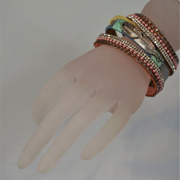 Feather Charm Faux Leather Wrap Bracelet Bling Multi Layer With Magnetic Clasp - Picture 3 of 8